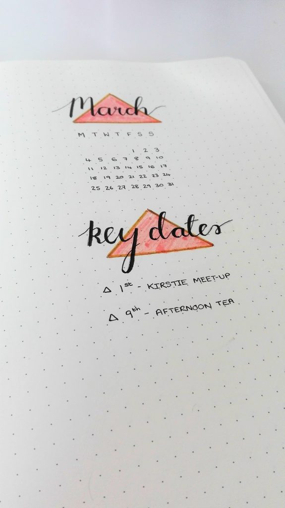 March 2019 Bullet Journal Setup Calendar Page
