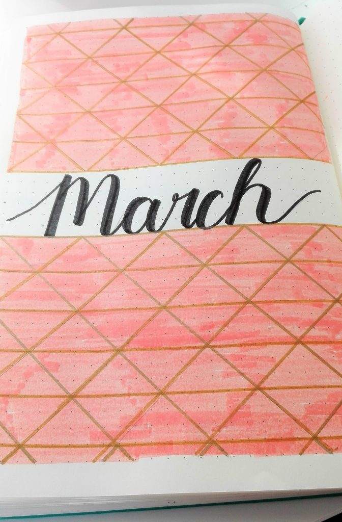 March 2019 Bullet Journal Setup Title Page Rose Gold and Pink Geometric Triangle Design
