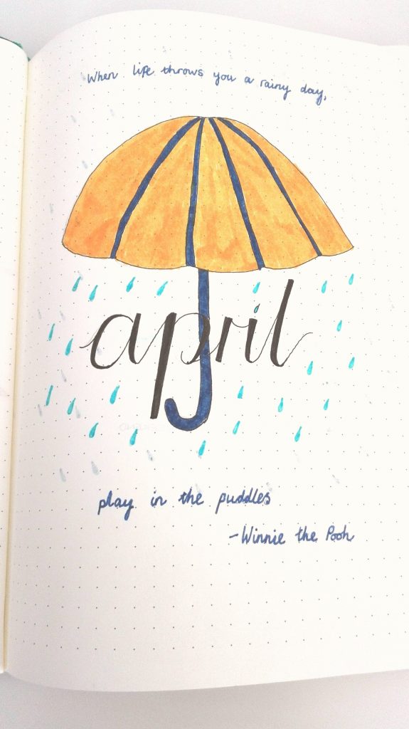 april 2019 bullet journal setup title page umbrella rain quote