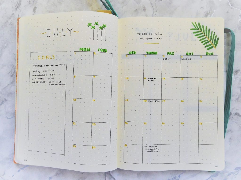 july 2019 bullet journal setup calendar