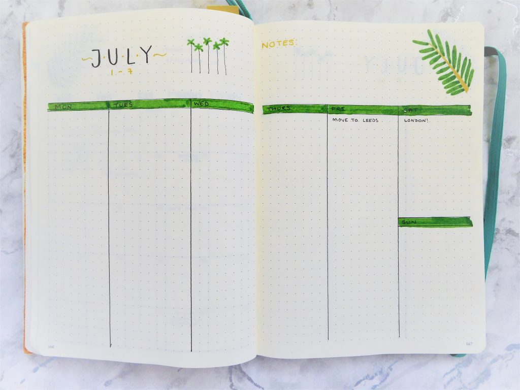 july 2019 bullet journal setup weekly spread