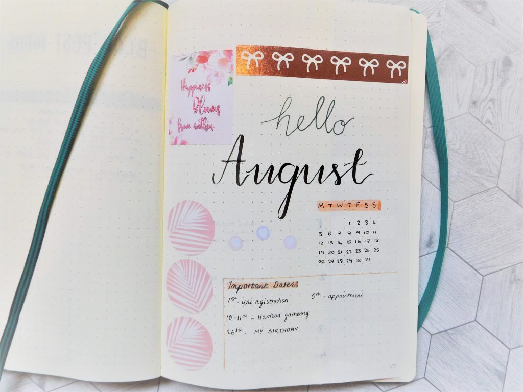 august bullet journal title page