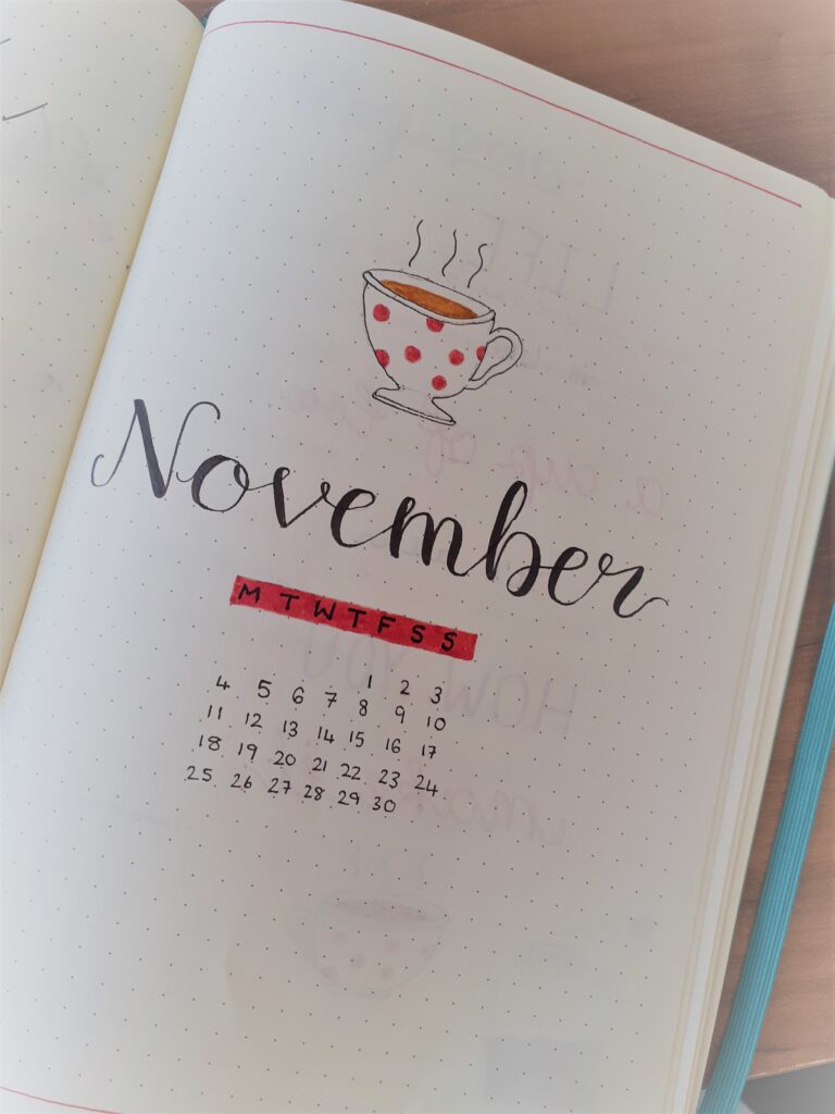 november 2019 bullet journal setup title page tea theme