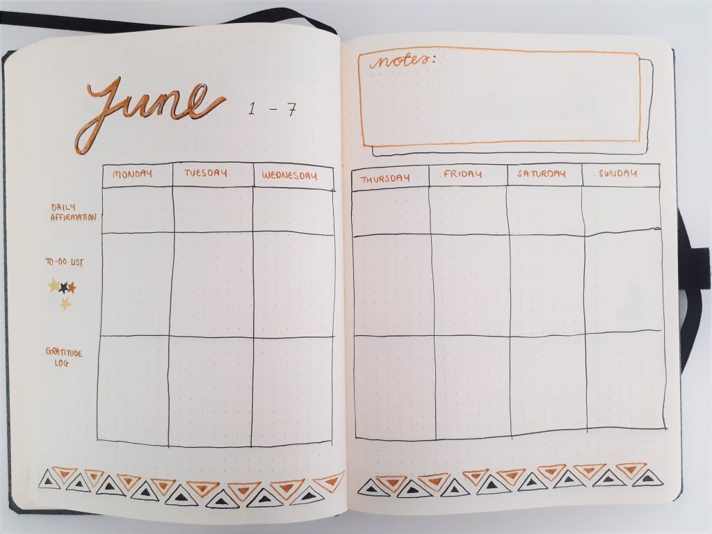 june 2020 bullet journal weekly spread