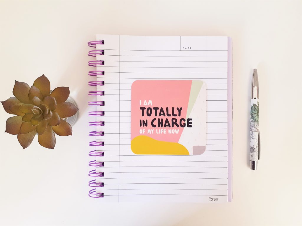 totally in charge of my life right now affirmation card stationery flatlay