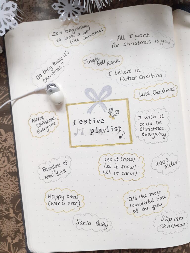 festive playlist bullet journal page